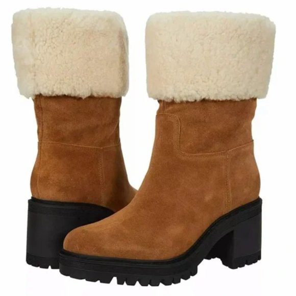 NEW Marc Fisher Sherpa Suede Leather Lug Sole Heel Platform Boot Brown Tan - Picture 3 of 12
